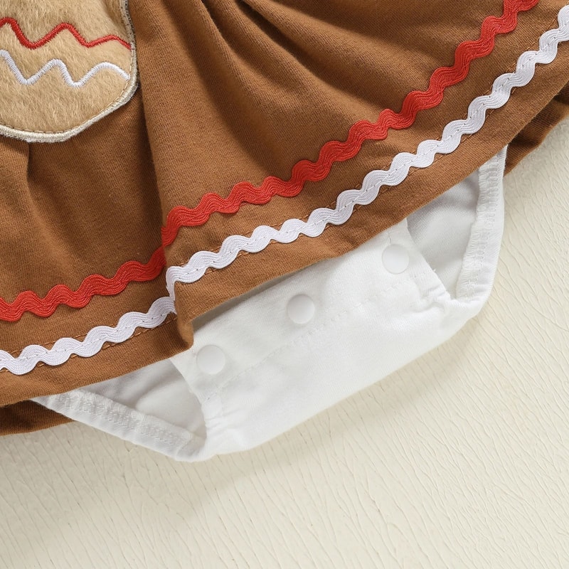Infant Girl Christmas Gingerbread Man Romper Premium Long Sleeve Dress Bow Headband Newborn Set 4