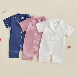 pudcoco baby satin pajama jumpsuit | premium button-up toddler sleepwear & cute short sleeve romper