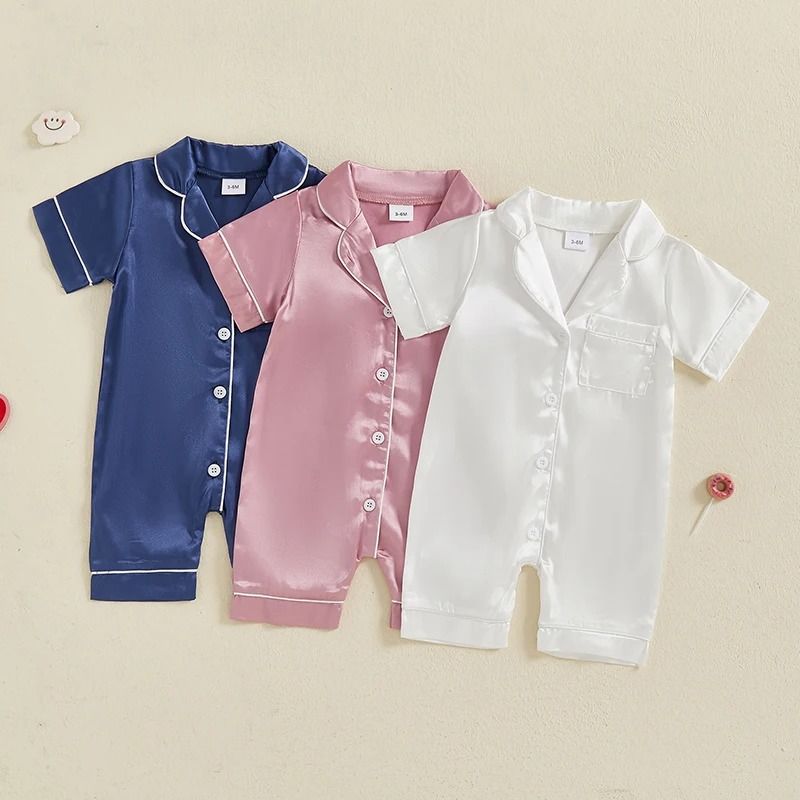 Pudcoco Baby Satin Pajama Jumpsuit Premium ButtonUp Toddler Sleepwear Cute Short Sleeve Romper 0
