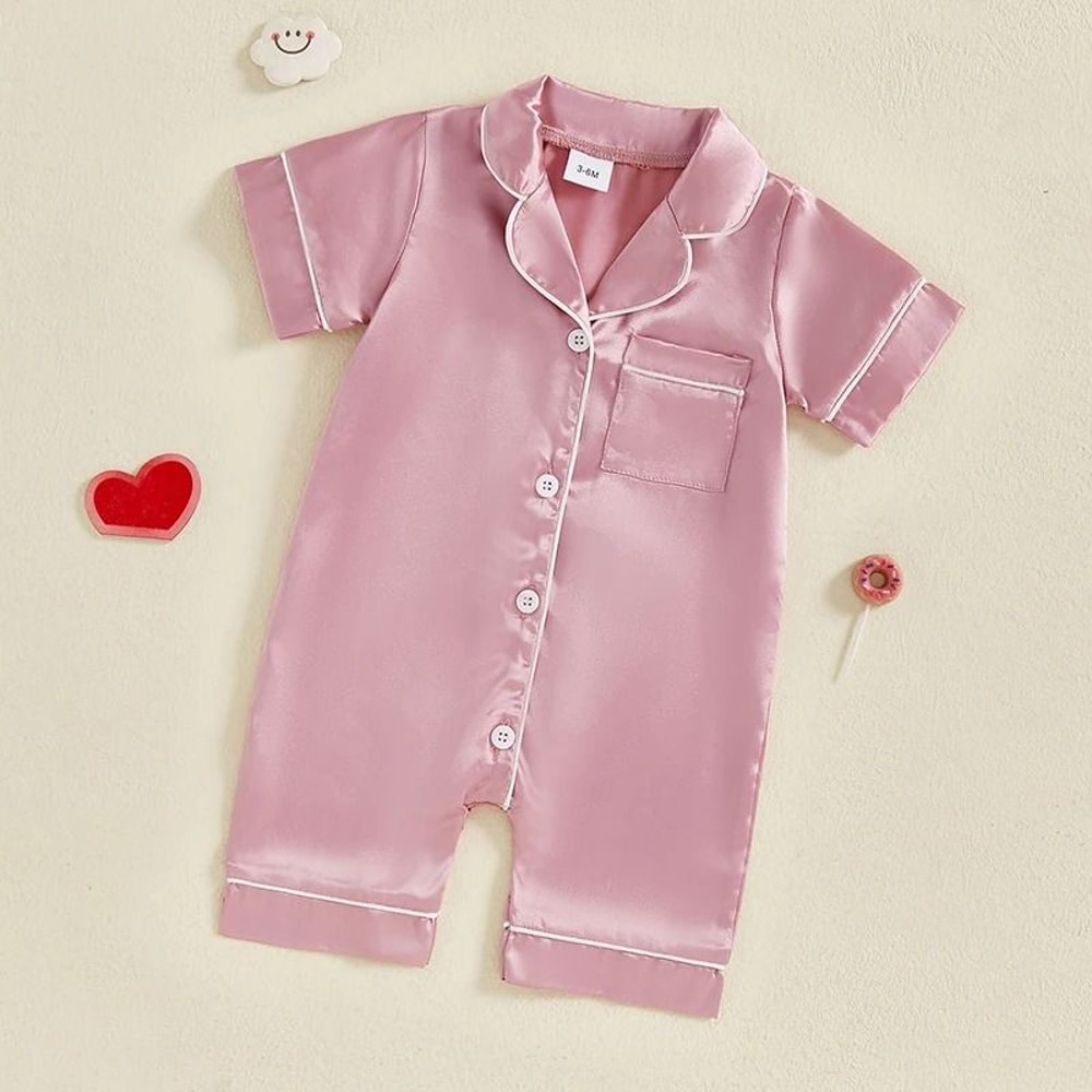 Pudcoco Baby Satin Pajama Jumpsuit Premium ButtonUp Toddler Sleepwear Cute Short Sleeve Romper 1