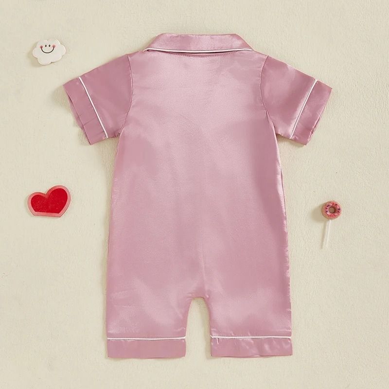 Pudcoco Baby Satin Pajama Jumpsuit Premium ButtonUp Toddler Sleepwear Cute Short Sleeve Romper 2