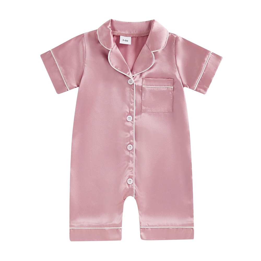 Pudcoco Baby Satin Pajama Jumpsuit Premium ButtonUp Toddler Sleepwear Cute Short Sleeve Romper 6