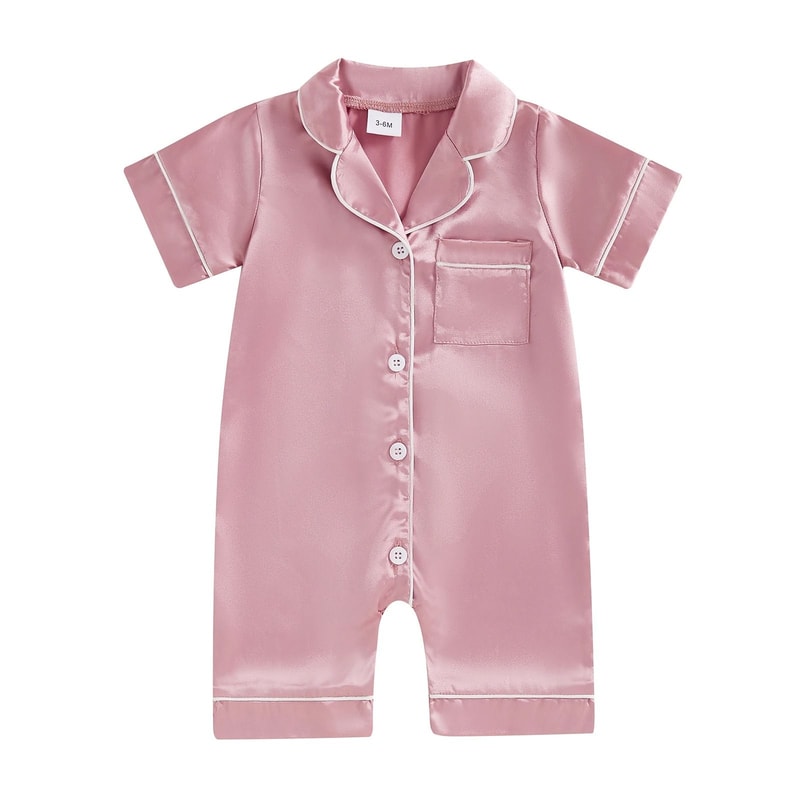 Pudcoco Baby Satin Pajama Jumpsuit Premium ButtonUp Toddler Sleepwear Cute Short Sleeve Romper 6