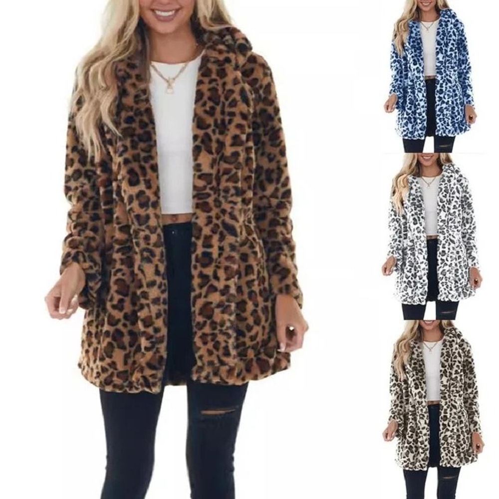 Womens Leopard Faux Fur Coat Premium Winter Streetwear Overcoat Casual TurnDown Collar Jacket 0