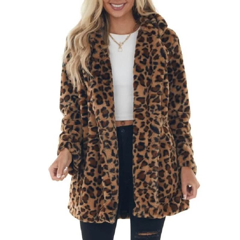 Womens Leopard Faux Fur Coat Premium Winter Streetwear Overcoat Casual TurnDown Collar Jacket 9