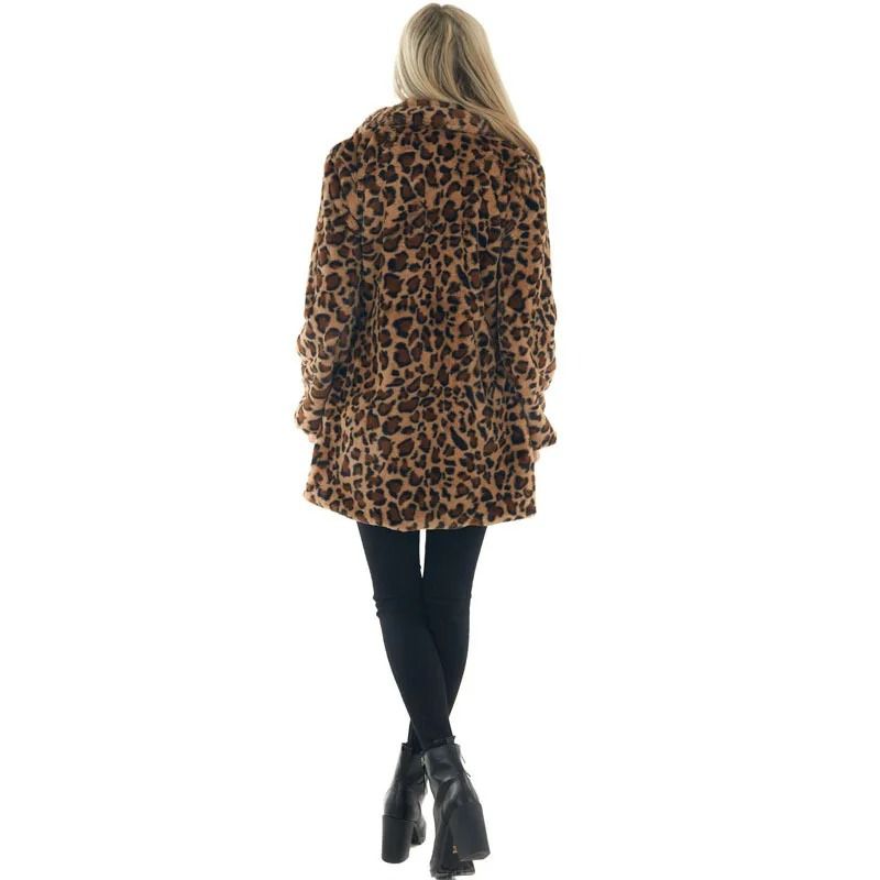 Womens Leopard Faux Fur Coat Premium Winter Streetwear Overcoat Casual TurnDown Collar Jacket 1