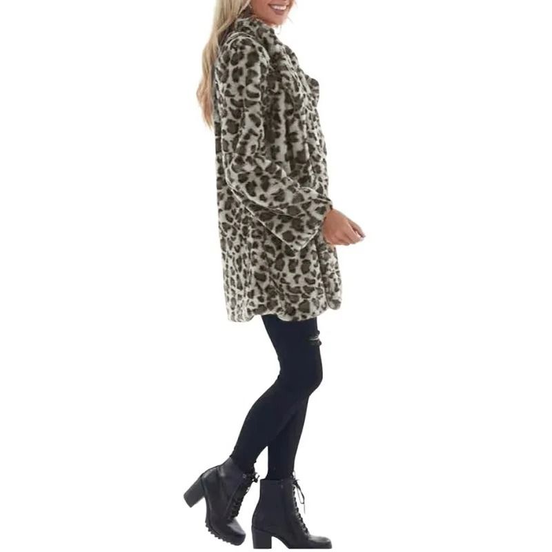 Womens Leopard Faux Fur Coat Premium Winter Streetwear Overcoat Casual TurnDown Collar Jacket 4