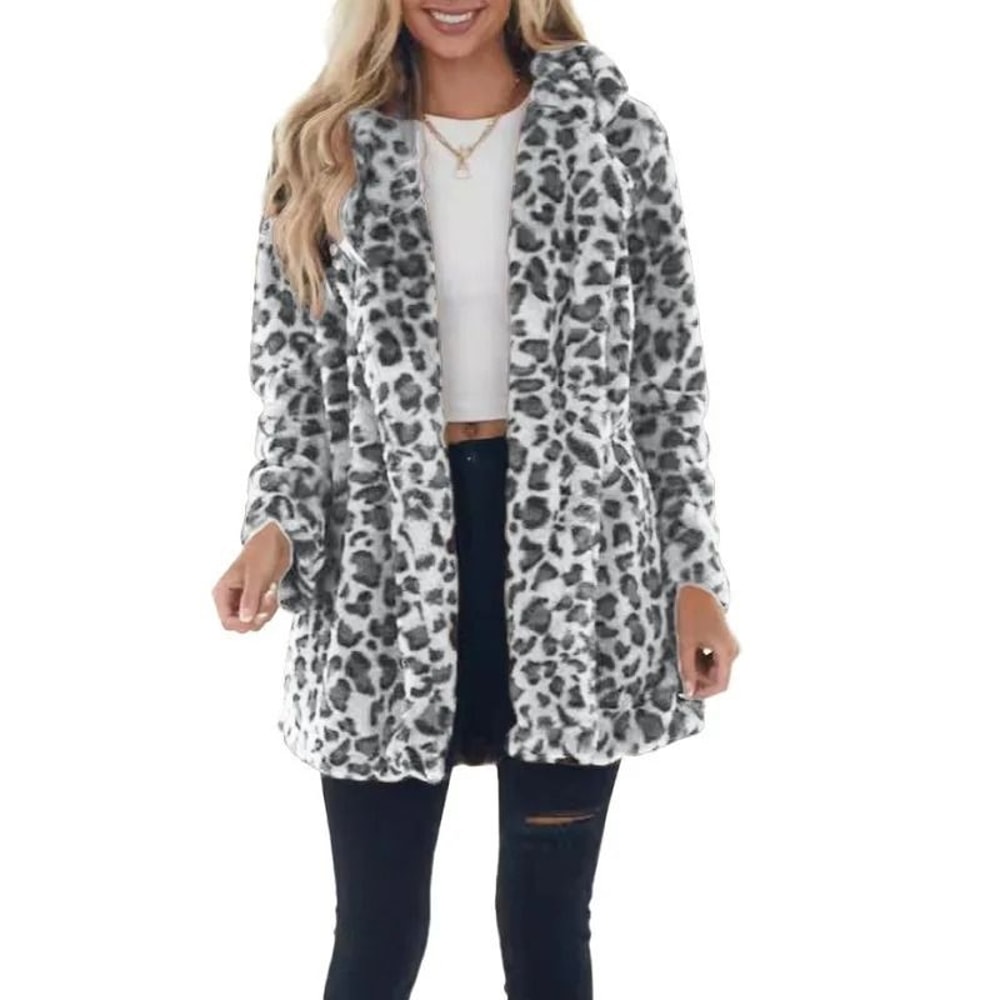 Womens Leopard Faux Fur Coat Premium Winter Streetwear Overcoat Casual TurnDown Collar Jacket 6