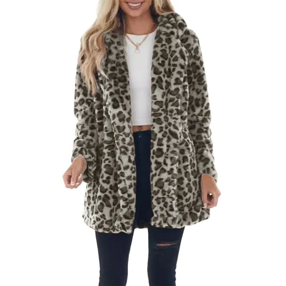 Womens Leopard Faux Fur Coat Premium Winter Streetwear Overcoat Casual TurnDown Collar Jacket 7