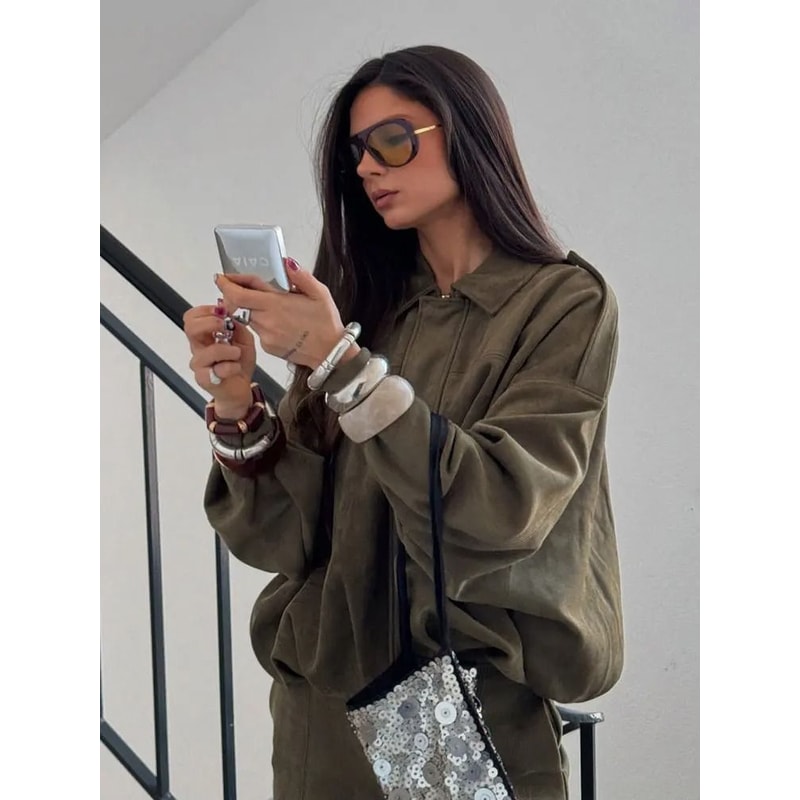 HH Womens Suede Bomber Jacket Premium Loose Vintage Motorcycle Coat Casual Lapel Zipper Outerwear 5