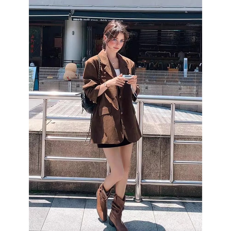 Womens Vintage Corduroy Blazer Premium Single Breasted Loose Casual Coat Autumn Fashion Outerwear 2