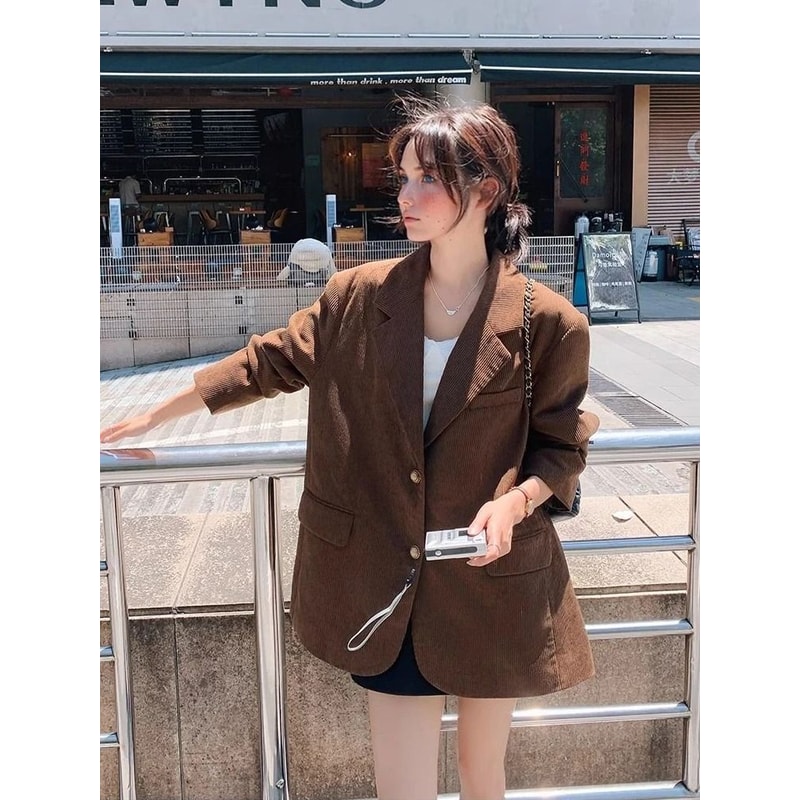 Womens Vintage Corduroy Blazer Premium Single Breasted Loose Casual Coat Autumn Fashion Outerwear 3