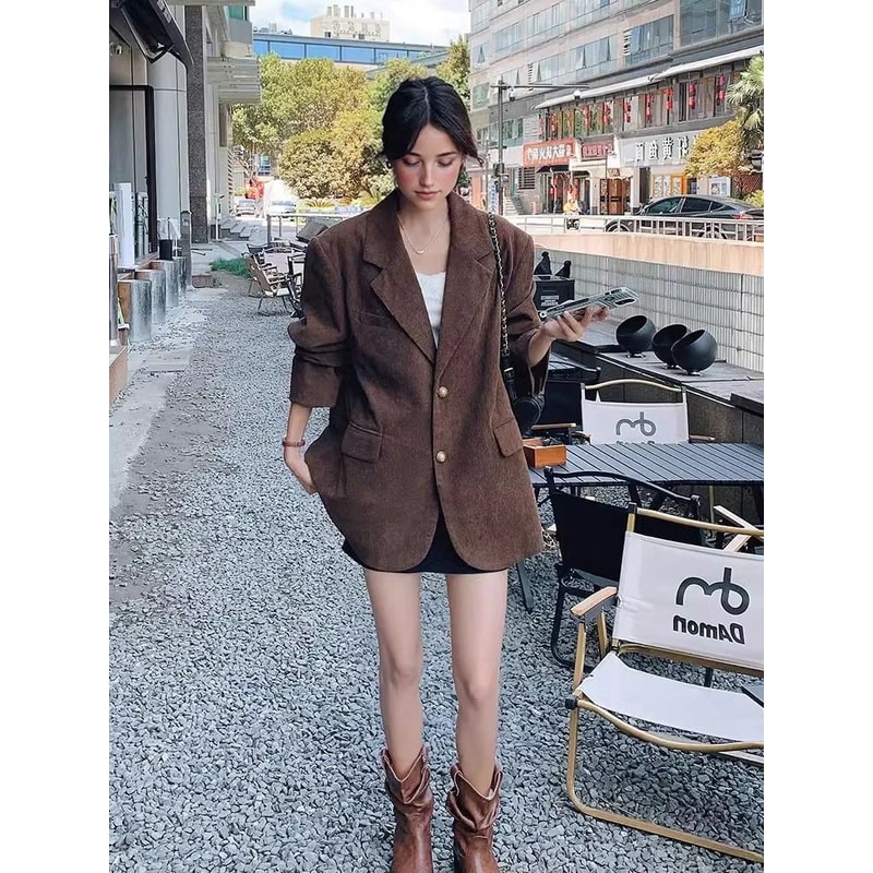 Womens Vintage Corduroy Blazer Premium Single Breasted Loose Casual Coat Autumn Fashion Outerwear 4