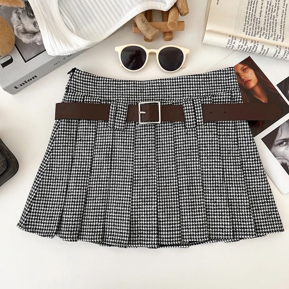 Womens Y2K Houndstooth Mini Skirt Premium Low Rise Woolen Pleated Skirt Autumn Winter Fashion Bel 3