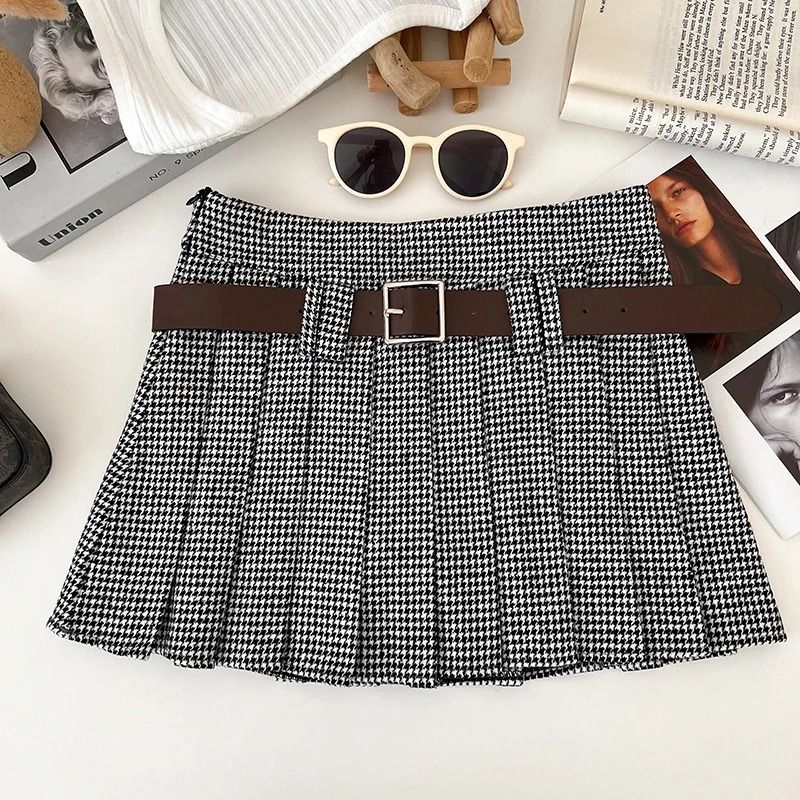 Womens Y2K Houndstooth Mini Skirt Premium Low Rise Woolen Pleated Skirt Autumn Winter Fashion Bel 3
