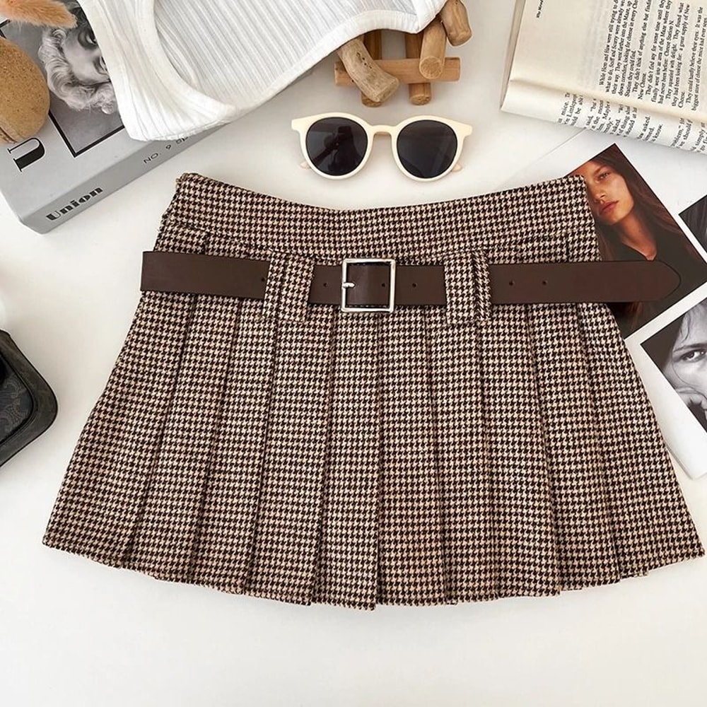 Womens Y2K Houndstooth Mini Skirt Premium Low Rise Woolen Pleated Skirt Autumn Winter Fashion Bel 4