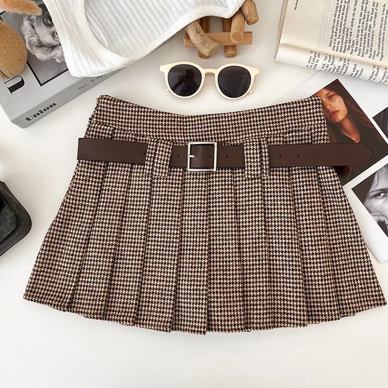 Womens Y2K Houndstooth Mini Skirt Premium Low Rise Woolen Pleated Skirt Autumn Winter Fashion Bel 4