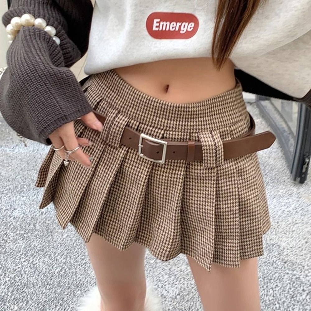 Womens Y2K Houndstooth Mini Skirt Premium Low Rise Woolen Pleated Skirt Autumn Winter Fashion Bel 7