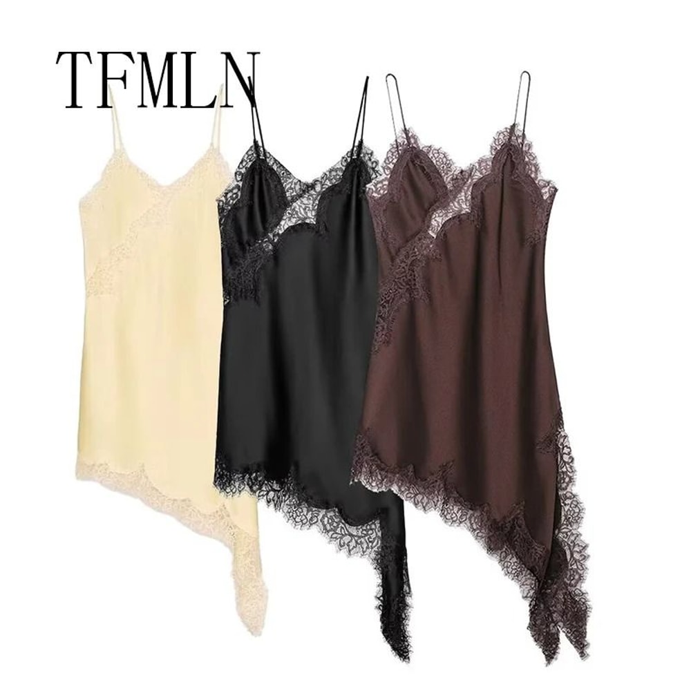 Womens Sexy Irregular Lace Dress Premium VNeck Suspender Hem Long Dress 0