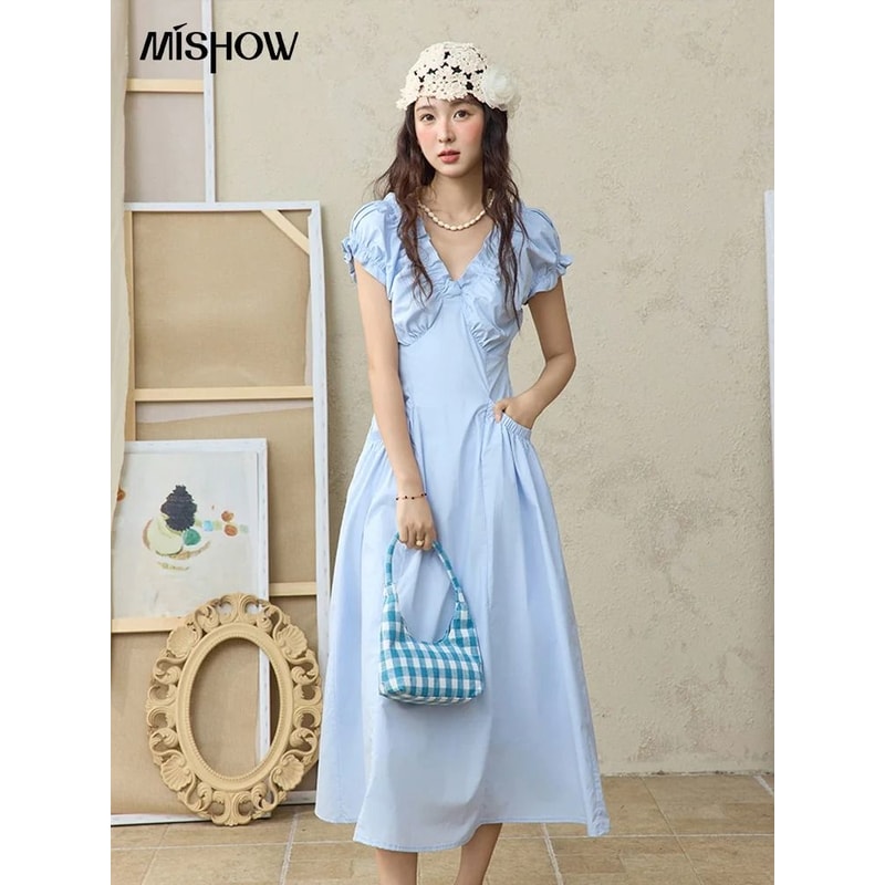 MISHOW VNeck Puff Sleeve Dress Premium 100 Cotton Slim Midi Dress Professional 2025 Summer Office 1