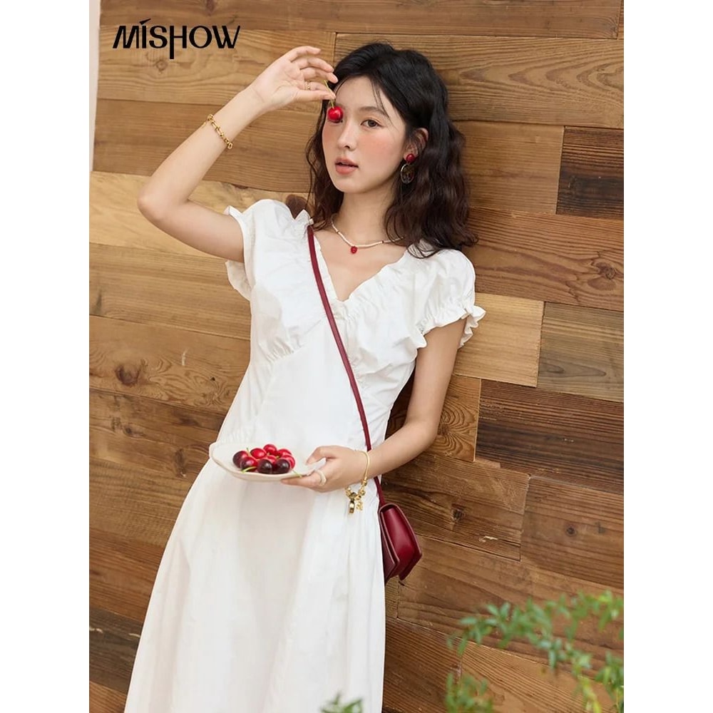 MISHOW VNeck Puff Sleeve Dress Premium 100 Cotton Slim Midi Dress Professional 2025 Summer Office 2