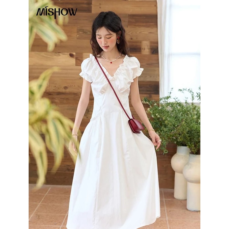 MISHOW VNeck Puff Sleeve Dress Premium 100 Cotton Slim Midi Dress Professional 2025 Summer Office 3
