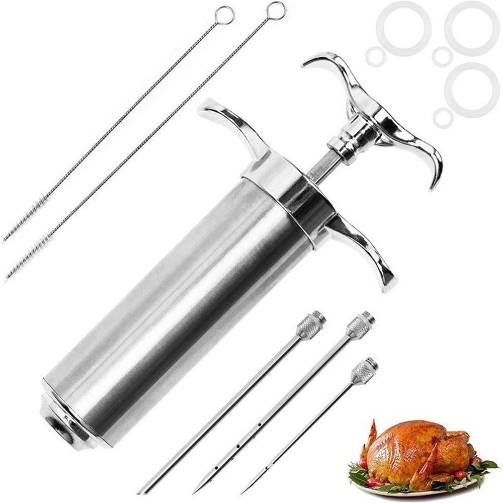 Stainless Steel Meat Injector Kit Premium BBQ Marinade Syringe System 3Needle Turkey Flavor Infra 0