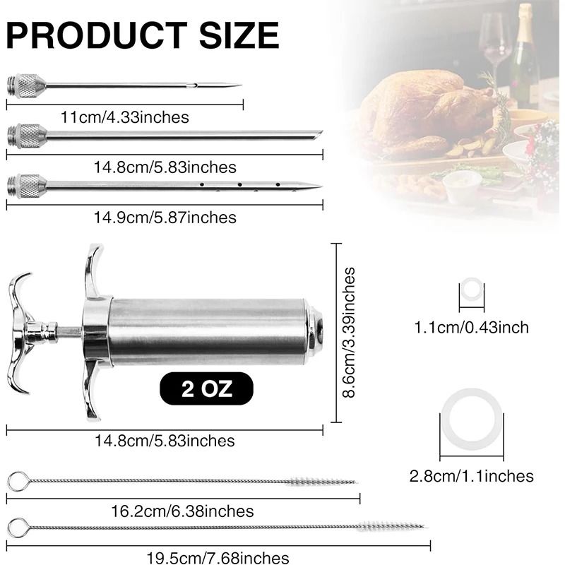 Stainless Steel Meat Injector Kit Premium BBQ Marinade Syringe System 3Needle Turkey Flavor Infra 1