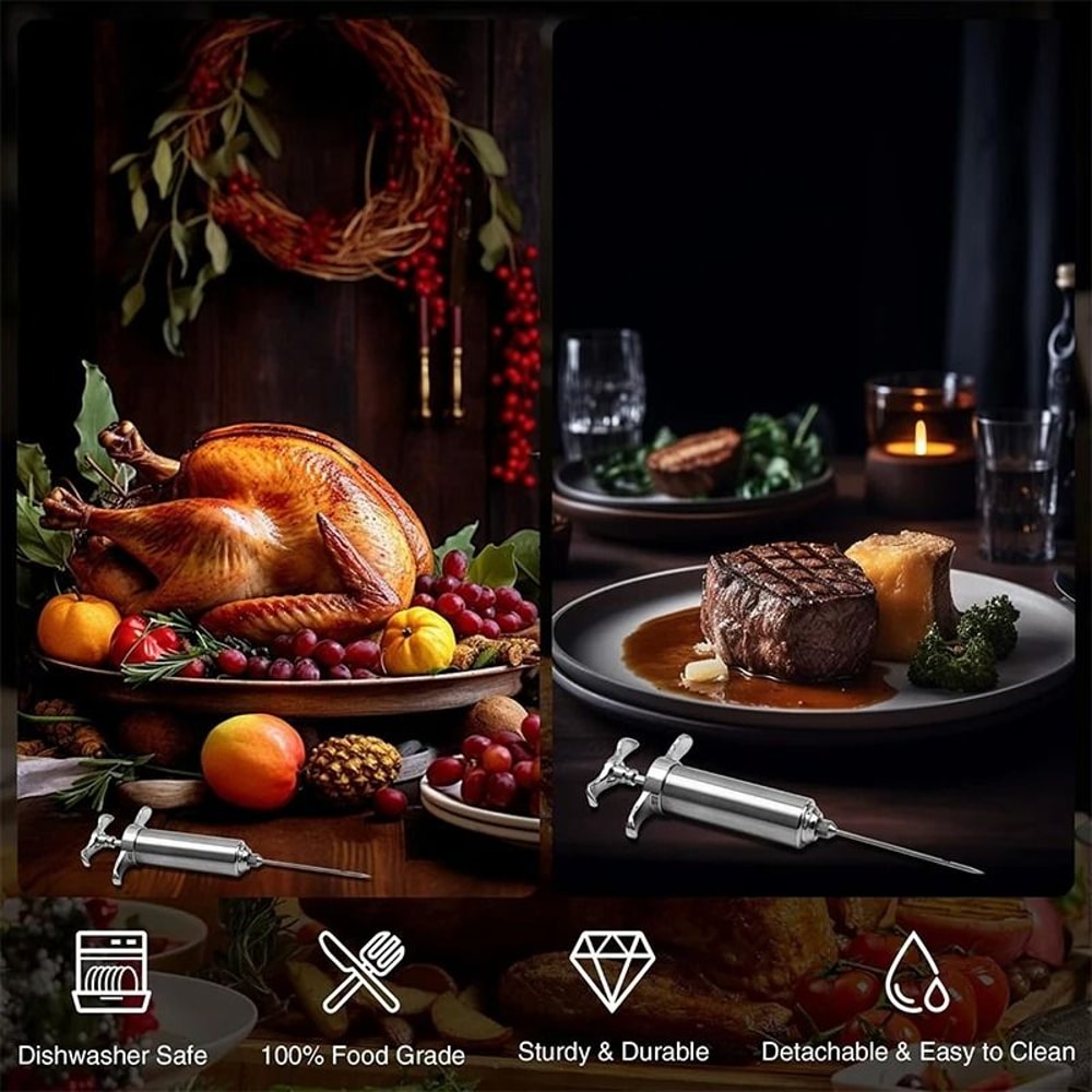 Stainless Steel Meat Injector Kit Premium BBQ Marinade Syringe System 3Needle Turkey Flavor Infra 5