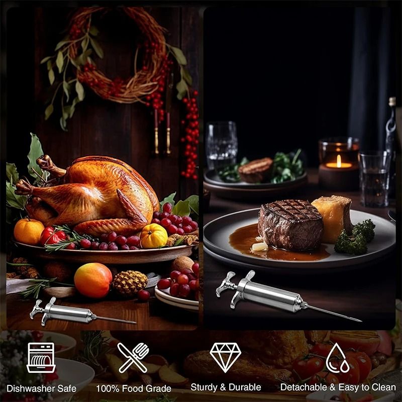 Stainless Steel Meat Injector Kit Premium BBQ Marinade Syringe System 3Needle Turkey Flavor Infra 5