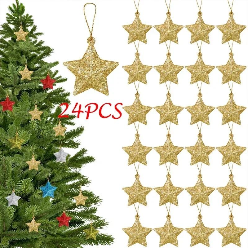 Gold Glitter Star Ornament Set Premium Christmas Tree Pendant Festive 2025 Holiday Decoration Inf 0