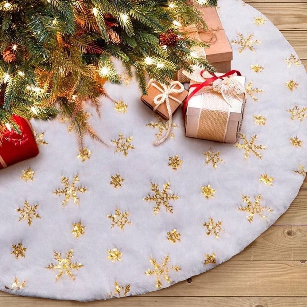 15Inch White Faux Fur Christmas Tree Skirt Premium Sequin Round Xmas Mat Holiday Party Infrastruc 2