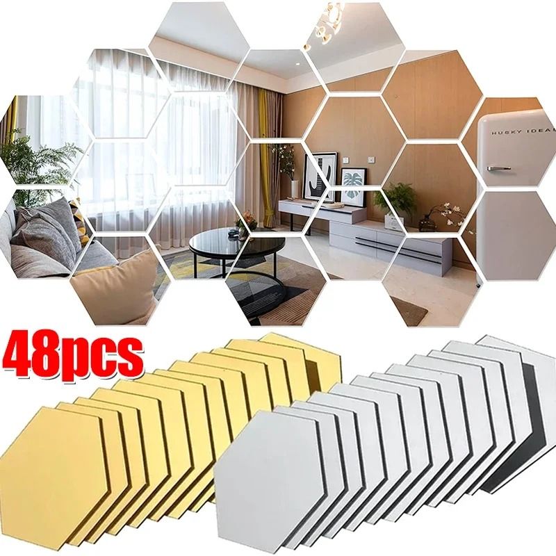 Hexagon Acrylic Mirror Wall Stickers Premium Gold Silver Mosaic Tiles For DIY Home Decor 0