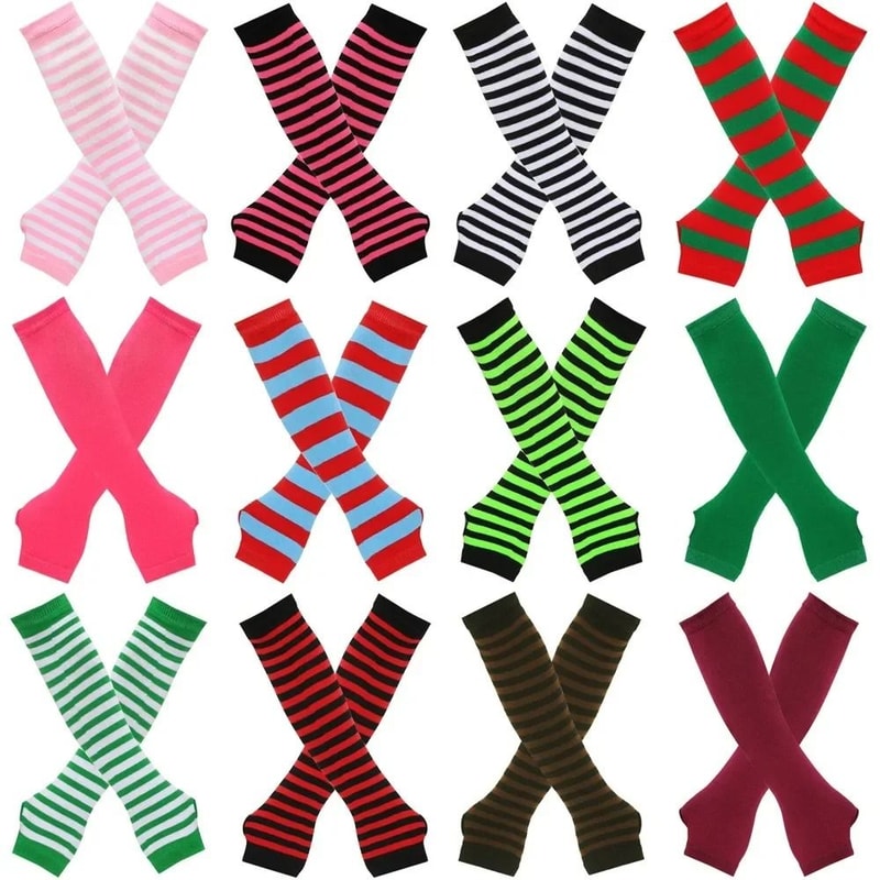 Warmer Knitted Long Fingerless Gloves Lady Striped Elbow Mittens 0