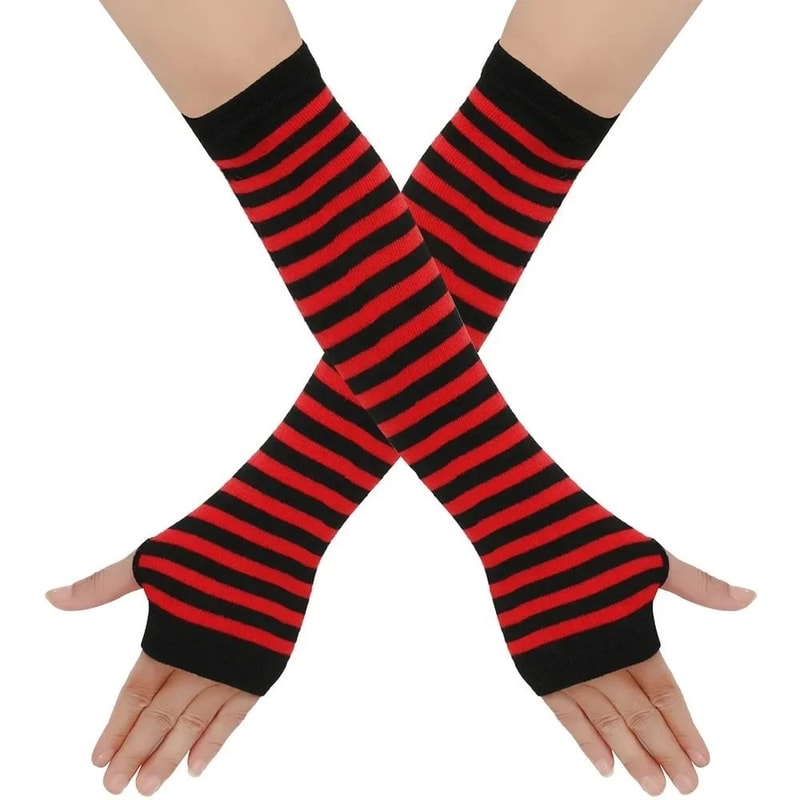 Warmer Knitted Long Fingerless Gloves Lady Striped Elbow Mittens 10