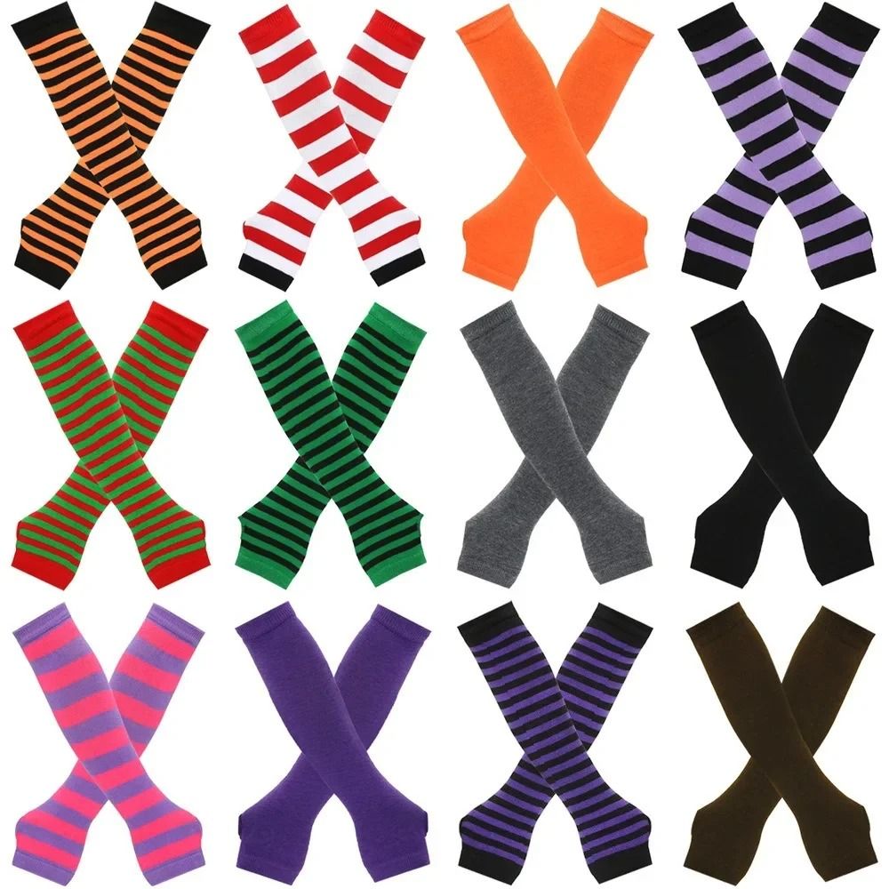 Warmer Knitted Long Fingerless Gloves Lady Striped Elbow Mittens 1
