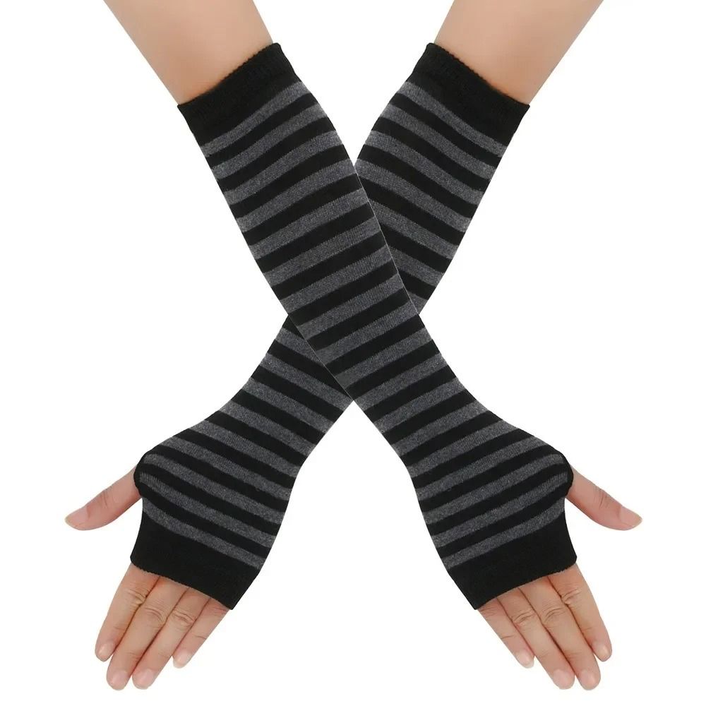 Warmer Knitted Long Fingerless Gloves Lady Striped Elbow Mittens 4