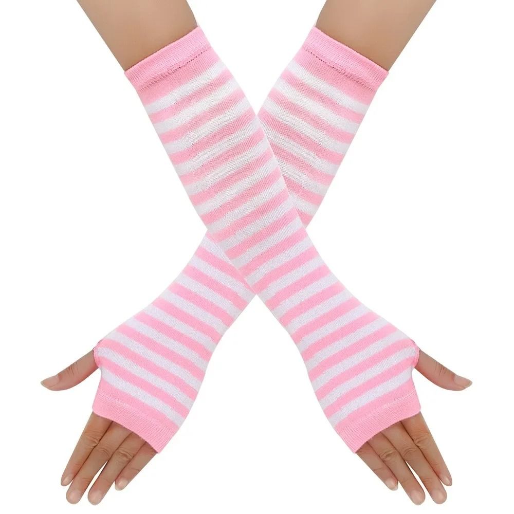 Warmer Knitted Long Fingerless Gloves Lady Striped Elbow Mittens 12