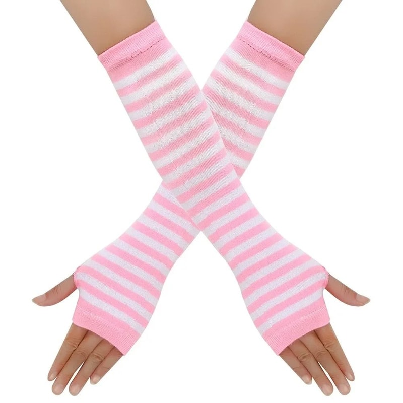 Warmer Knitted Long Fingerless Gloves Lady Striped Elbow Mittens 12