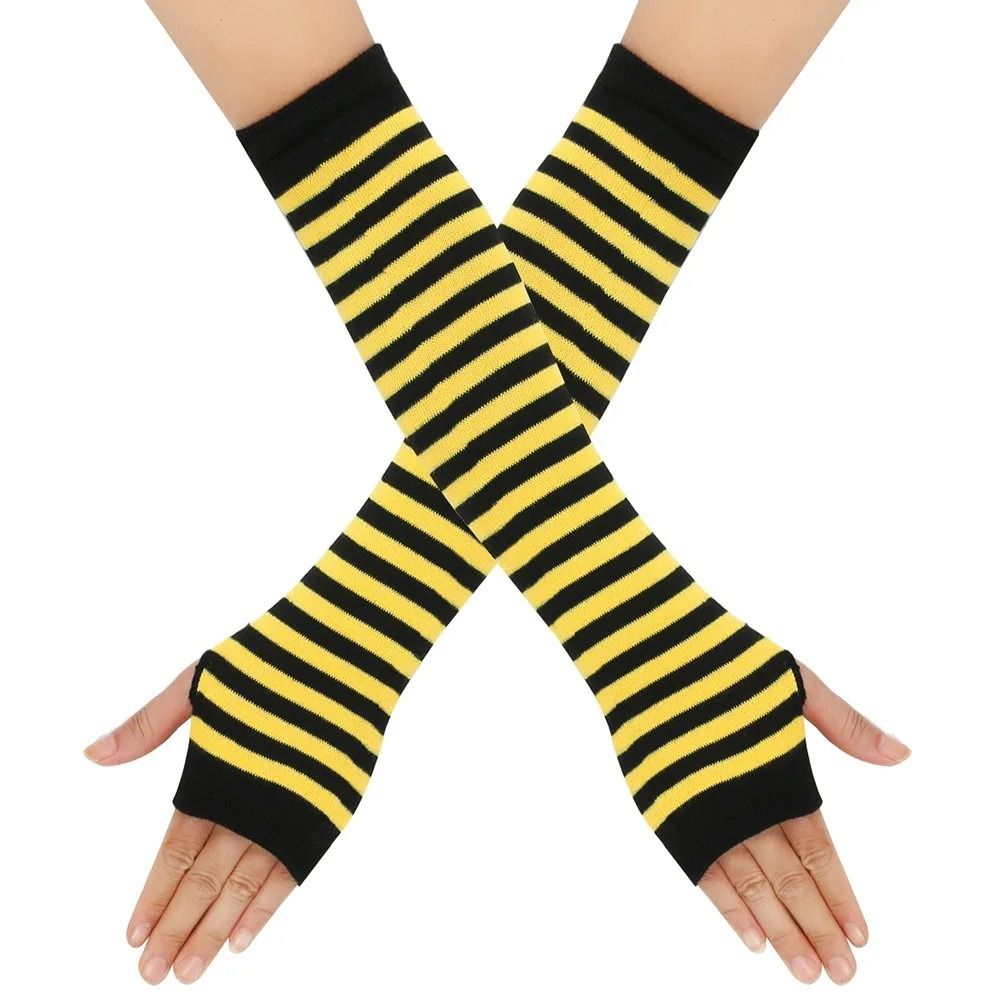 Warmer Knitted Long Fingerless Gloves Lady Striped Elbow Mittens 23