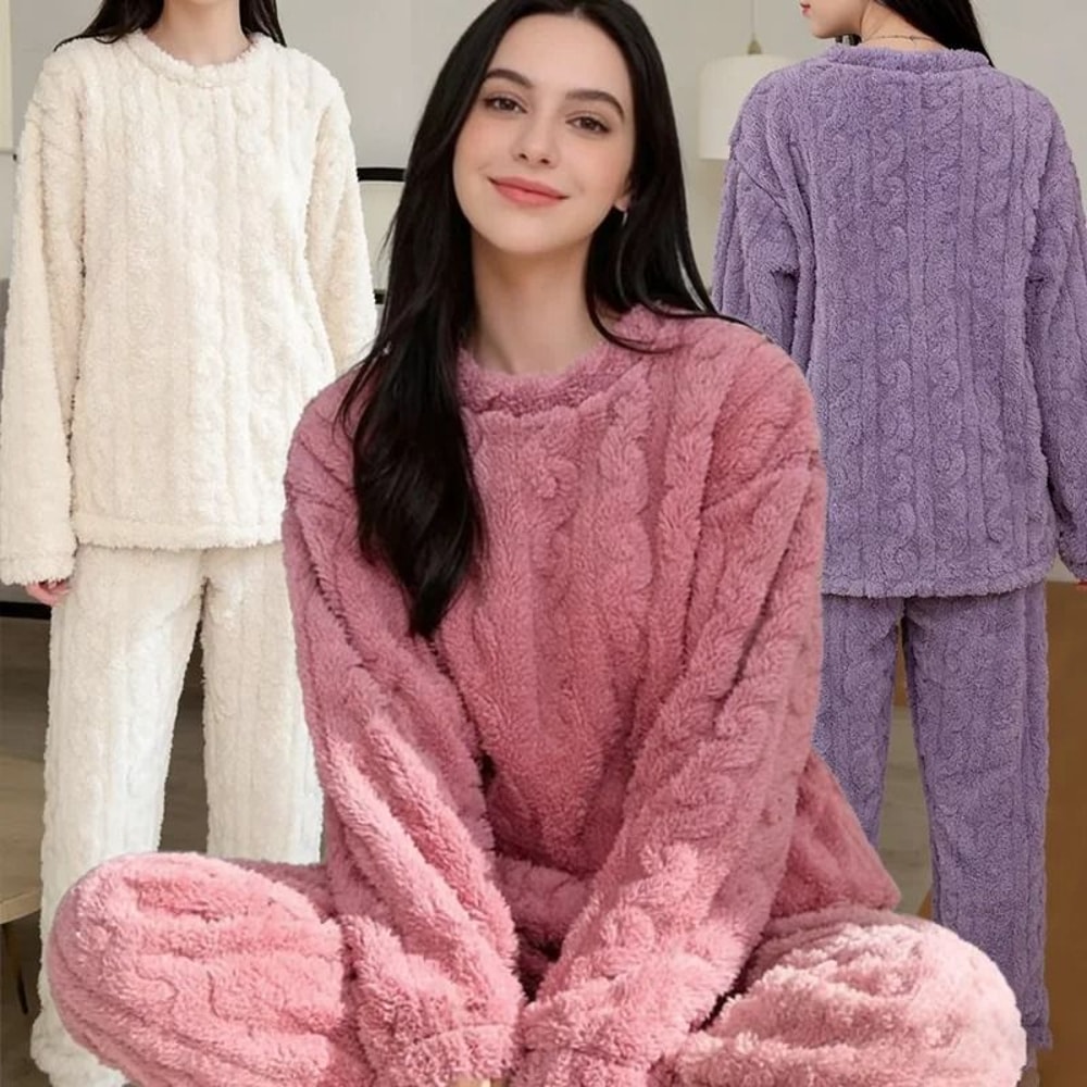 Autumn Women Solid Warm Thicken Velvet Ribbed Fleece Set Pajamas 0