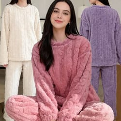 autumn women solid warm thicken velvet ribbed fleece set pajamas