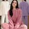 Autumn Women Solid Warm Thicken Velvet Ribbed Fleece Set Pajamas 0