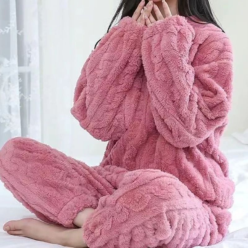 Autumn Women Solid Warm Thicken Velvet Ribbed Fleece Set Pajamas 7