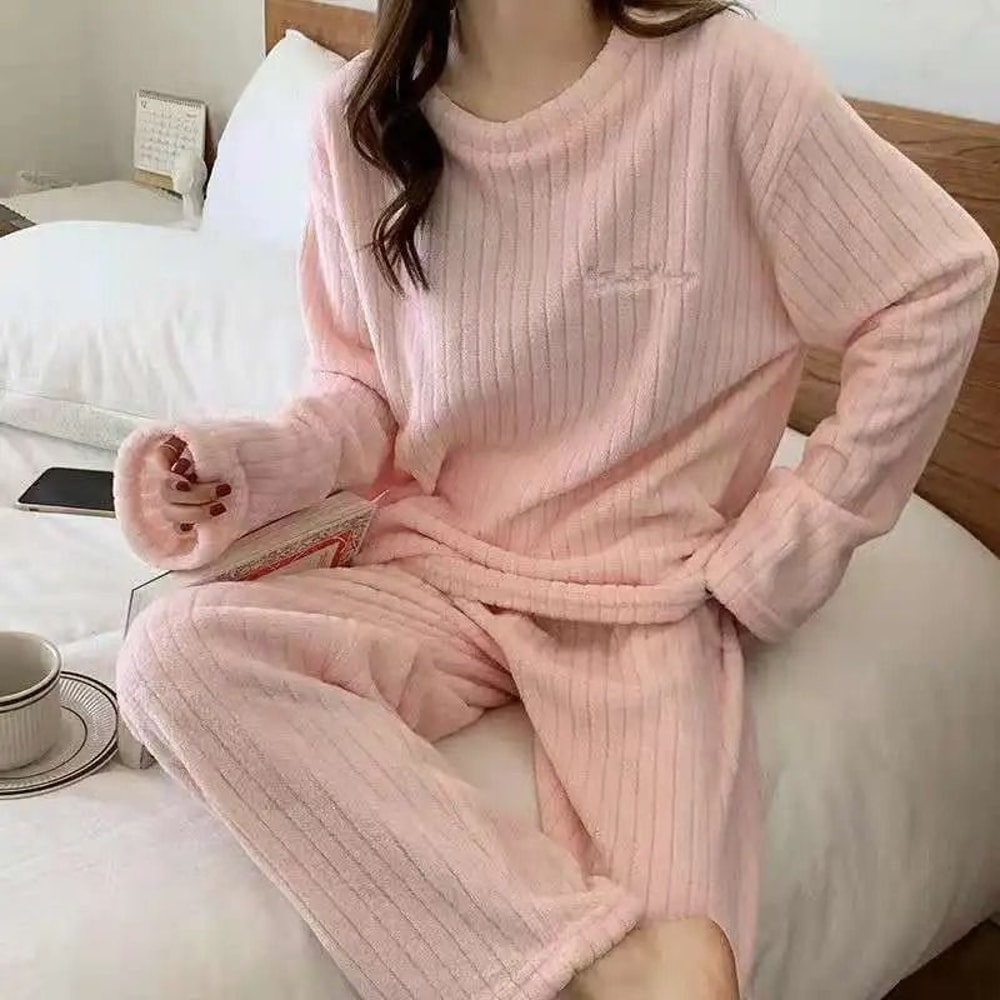 Autumn Women Solid Warm Thicken Velvet Ribbed Fleece Set Pajamas 15