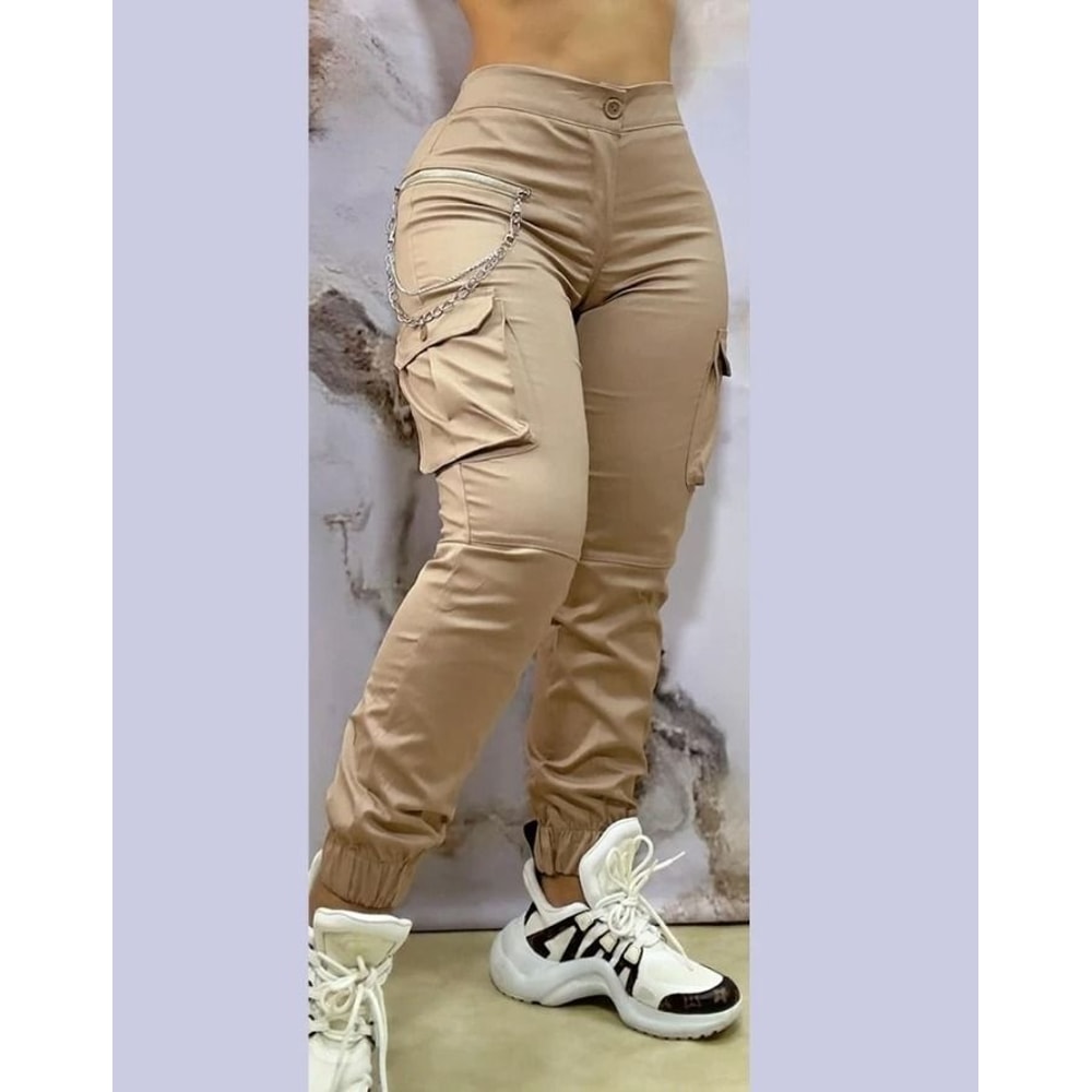Womens Autumn Winter Cuffed Cargo Pants Casual Work Pants Chain Decor 2