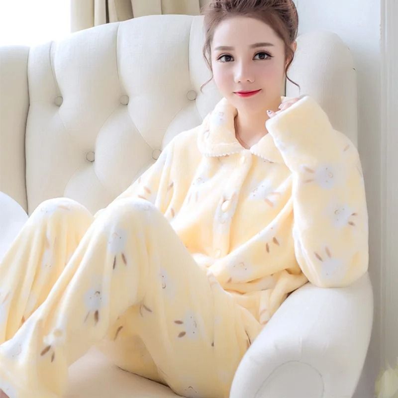 Womens Autumn Winter Warm Pyjamas Coral Velvet Padded Thickened Homewear 11