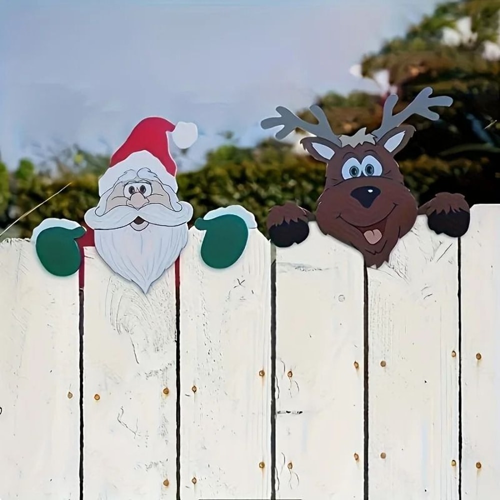 Christmas Fence Peeker Ornament Santa Claus Yard Decoration Ground Placard 1