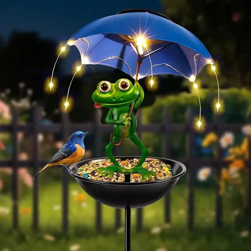 Frog Statue Solar Lawn Lamp Outdoor Bird Feeding Dispenser LED Light 3