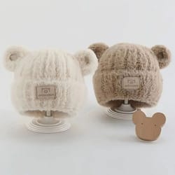 winter warm baby hat with bear ears soft plush lining cozy headwear